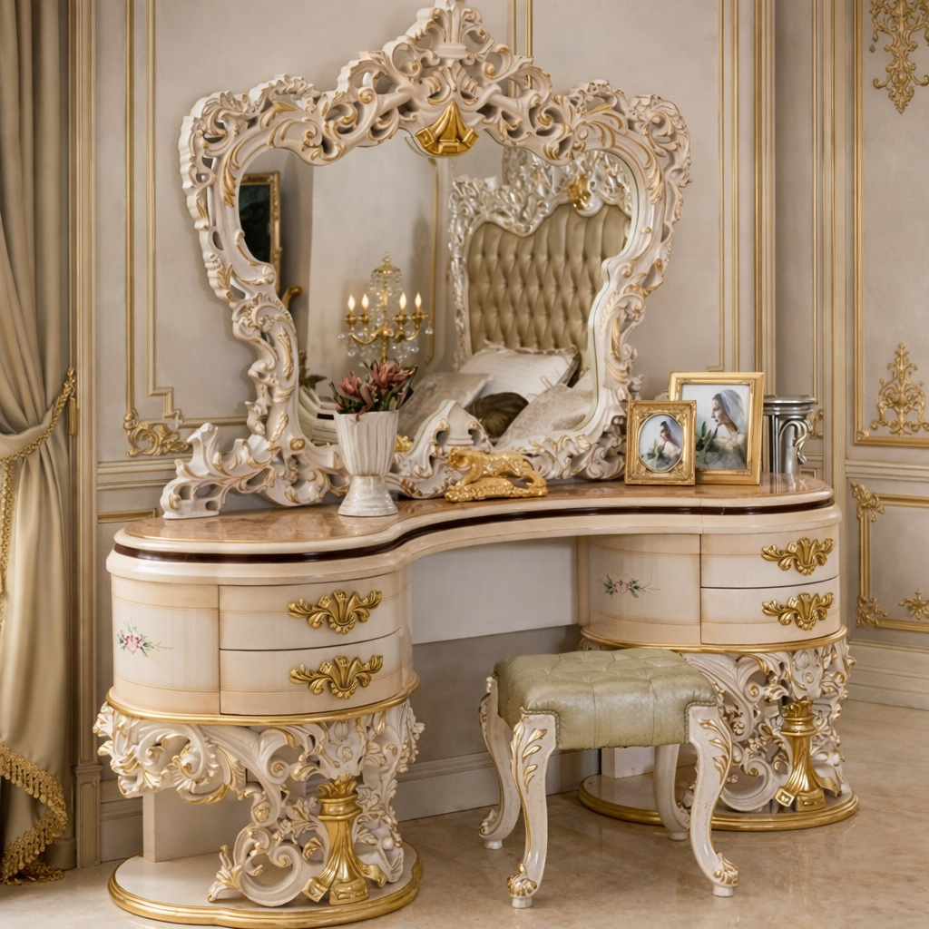 Grand Imperial Maharaja Teakwood Dressing Console with Twin Ornate Mirror Frame