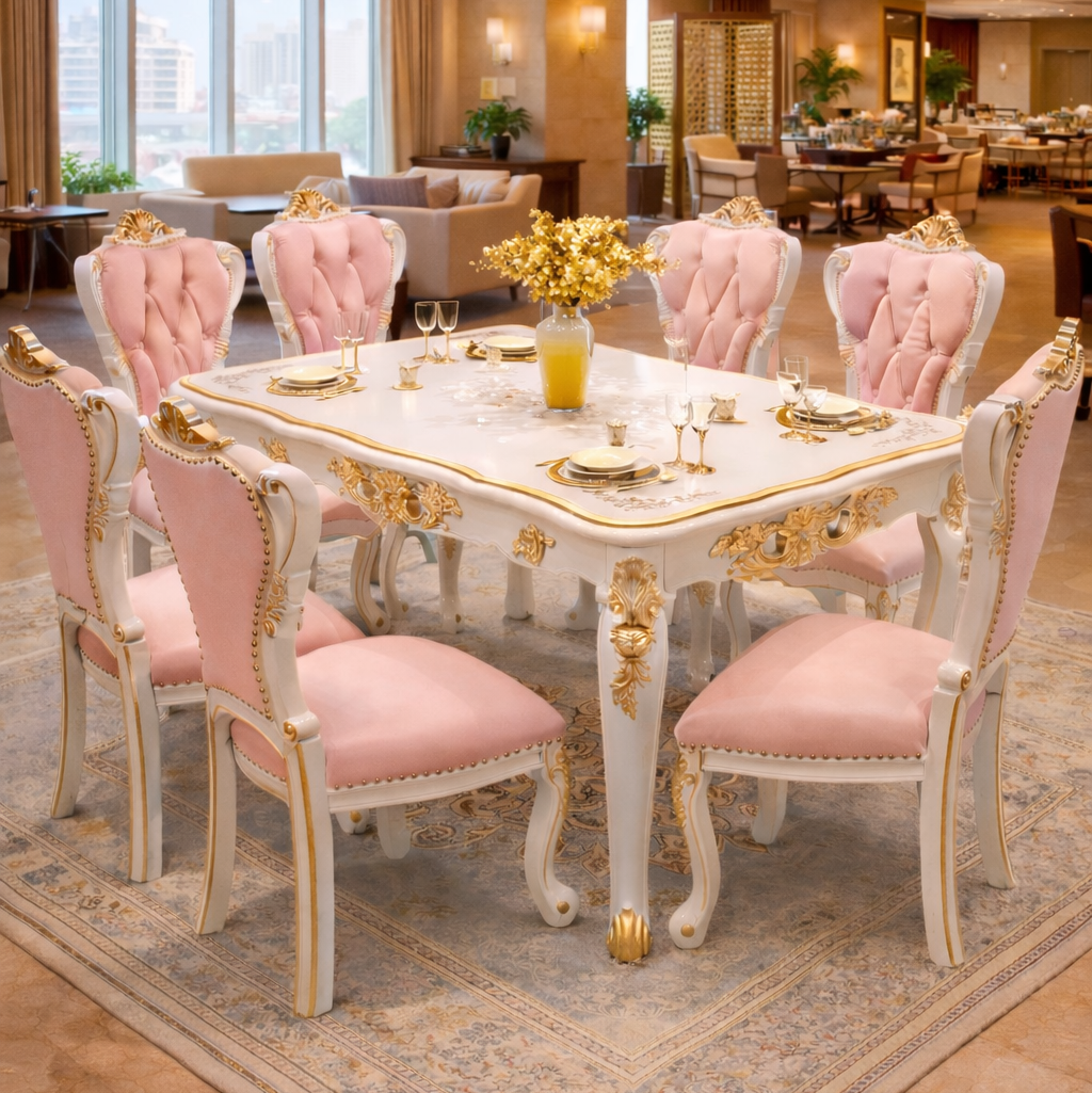 Majestic White-Gold Royal 6-Seater Dining Set in Teakwood