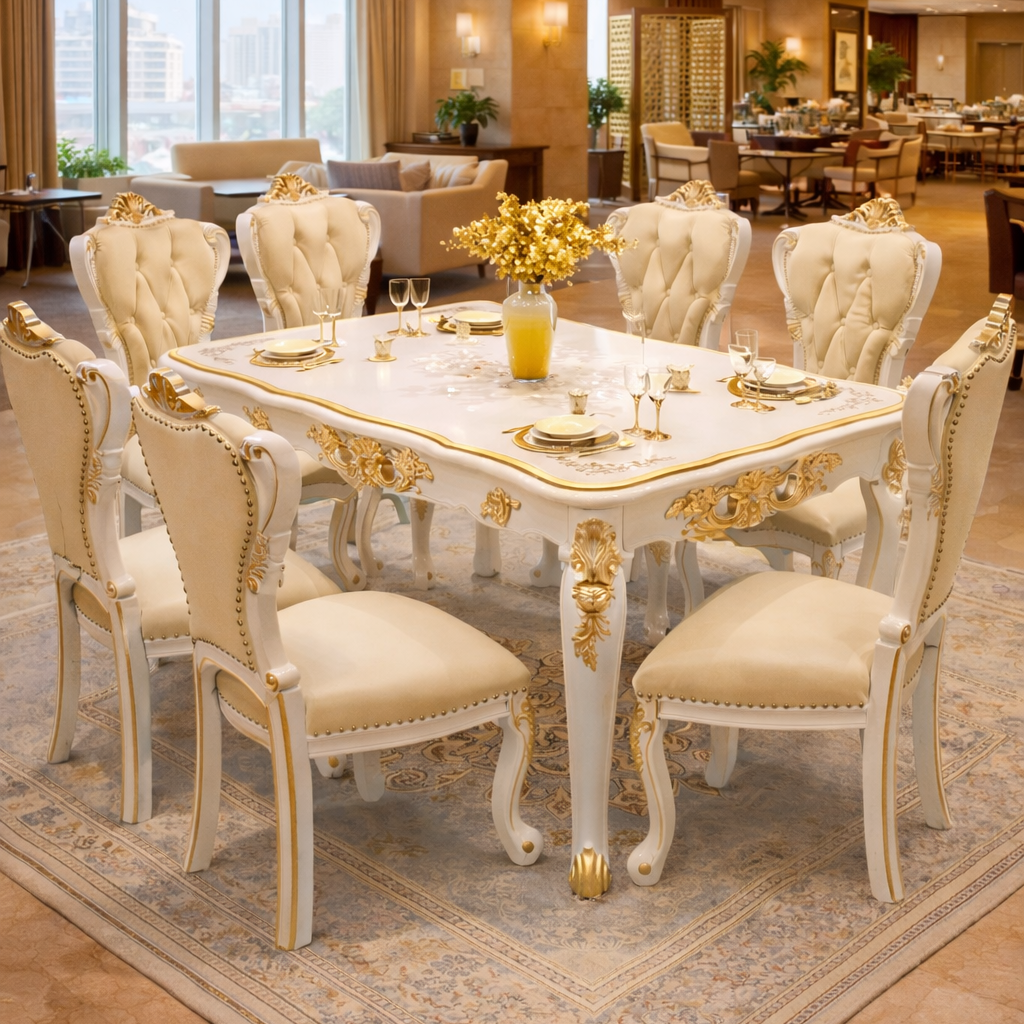 Majestic White-Gold Royal 6-Seater Dining Set in Teakwood