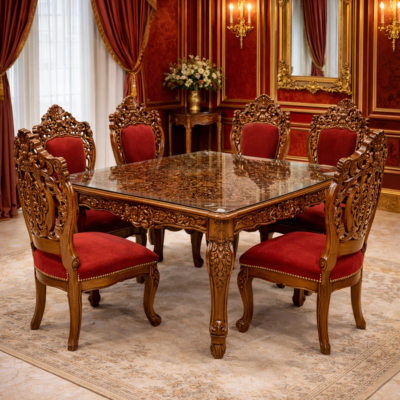Exquisite Glass-Top Royal 6-Seater Dining Set in Teakwood