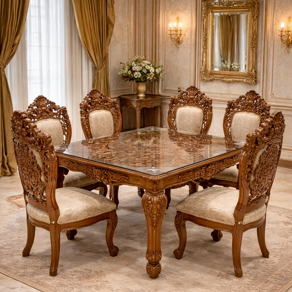 Exquisite Glass-Top Royal 6-Seater Dining Set in Teakwood