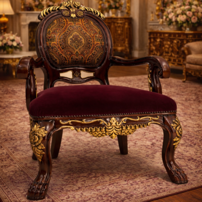 Royal Ornate Teakwood Accent Arm Chair with Upholstered Seat