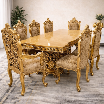 Imperial Gold Finish 8-Seater Royal Dining Set in Teakwood