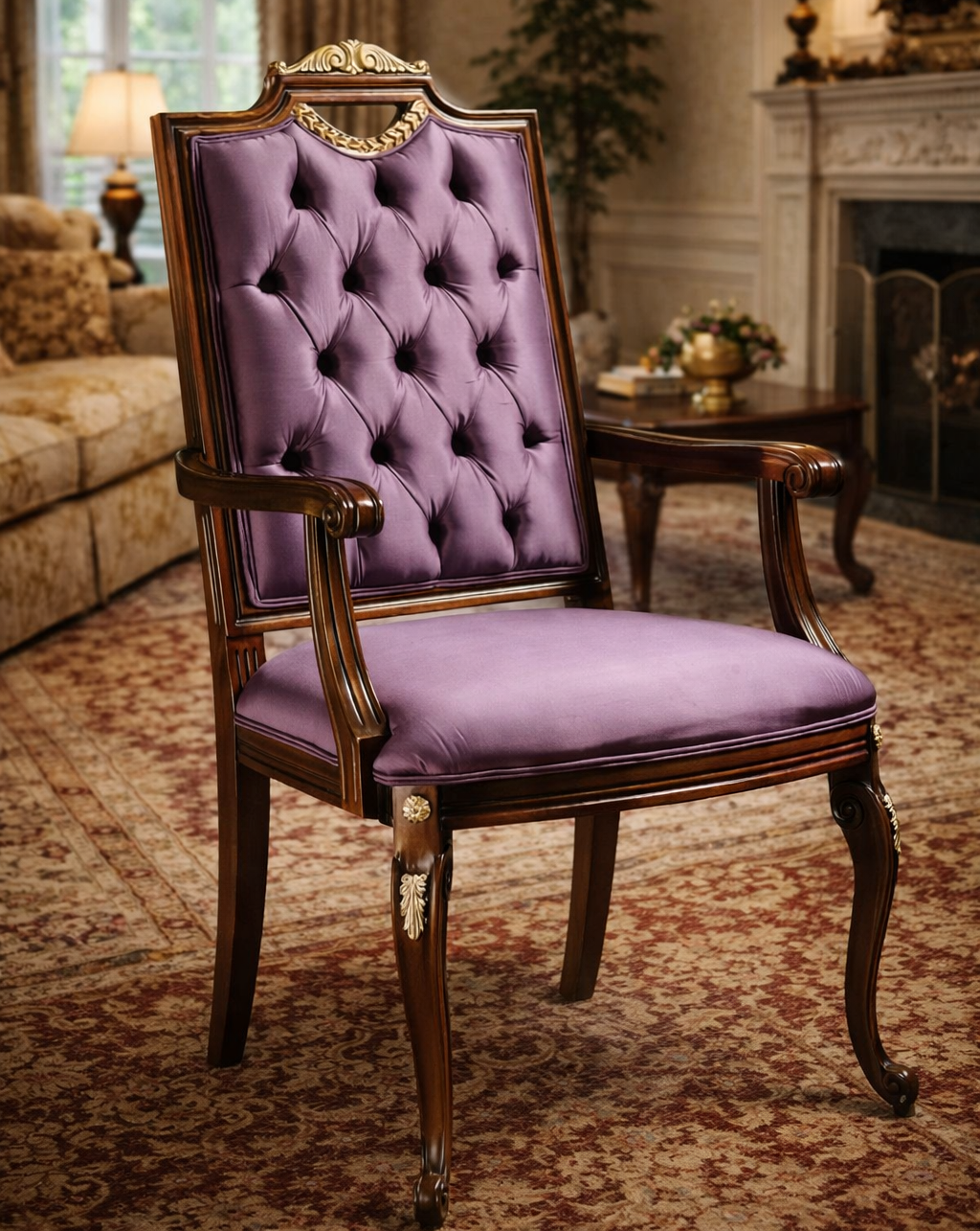 Classic Tufted Teakwood Accent Arm Chair with High Back Design
