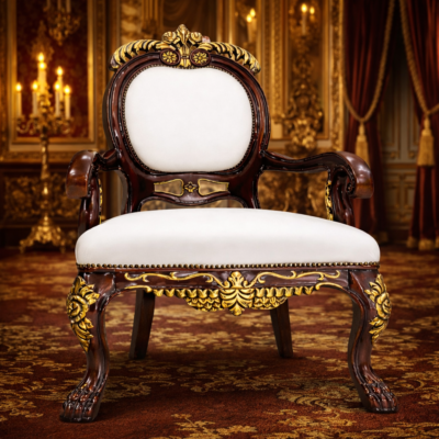 Luxury Hand-Carved Teakwood Accent Arm Chair with Upholstered Seat