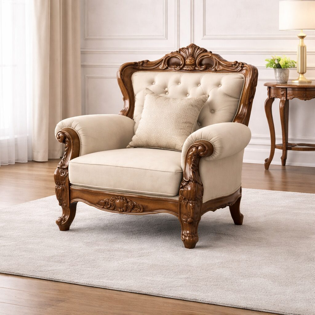 Royal Heritage Teakwood Hand-Carved Sofa Set with Center Table