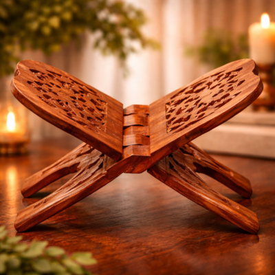 Handcrafted Sheesham Wood Folding Book Stand (Rehal) with Lattice Carving