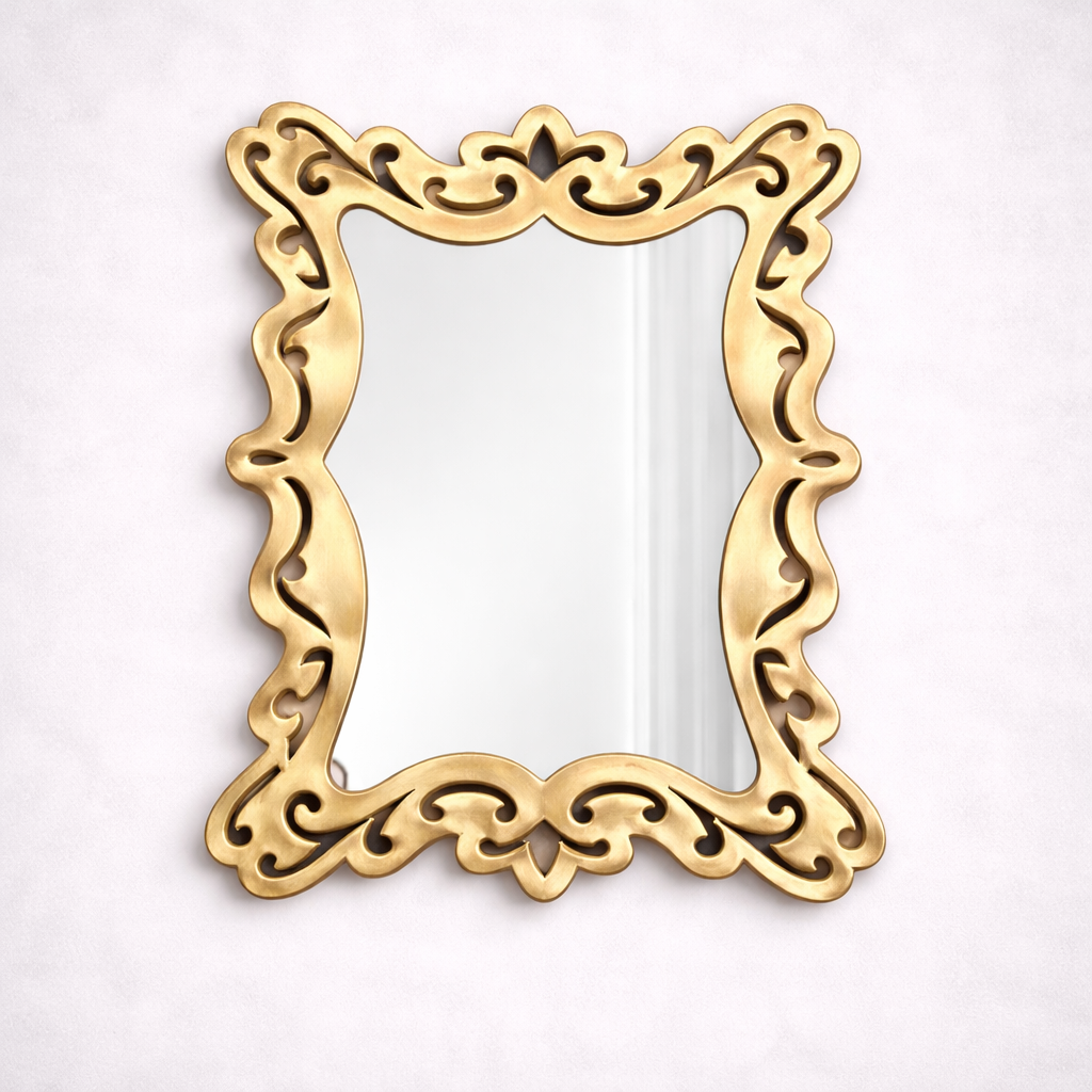 Designer MDF Wall Mirror with Ornamental Curved Gold Frame