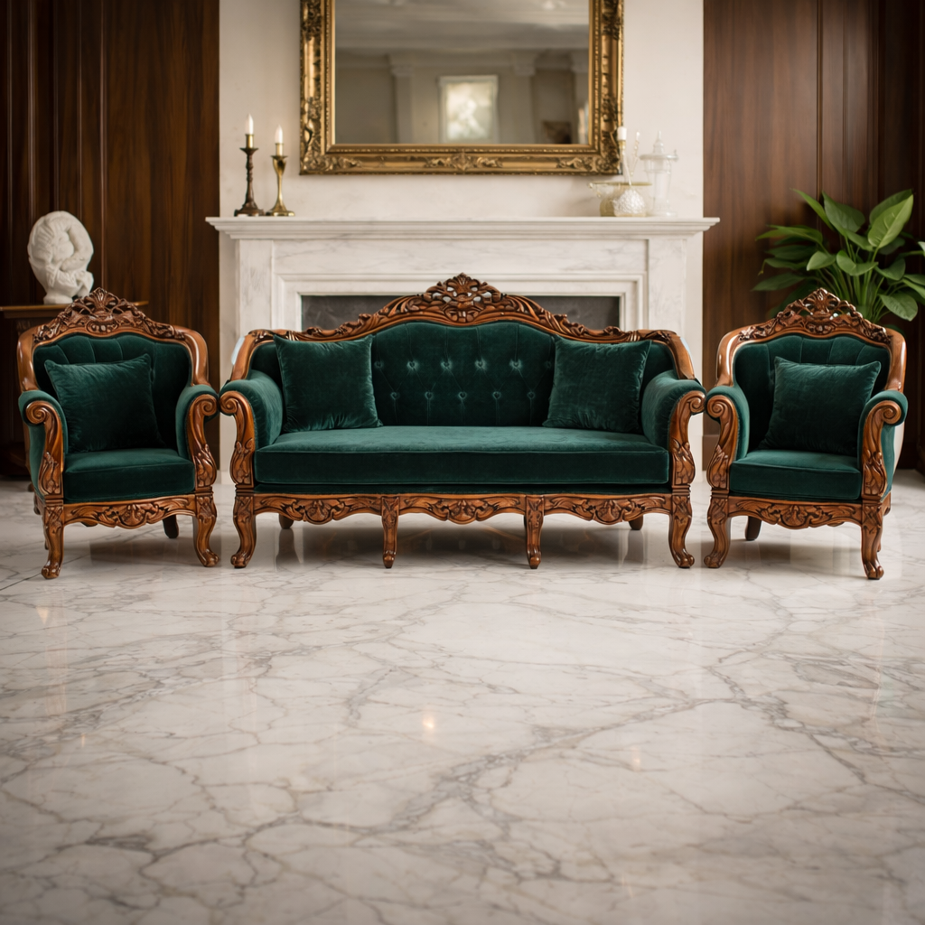 Royal Palace Teakwood Hand-Carved Gold Finish Sofa Set