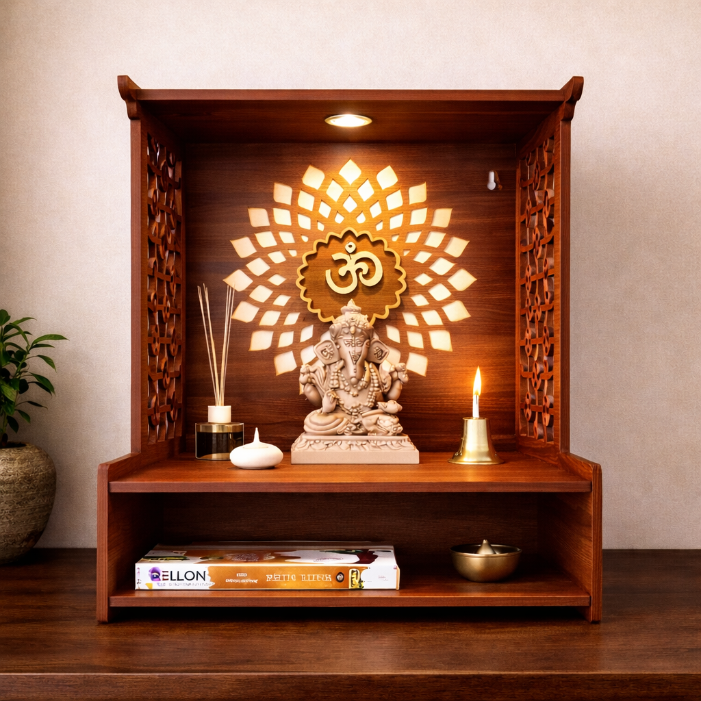 Modern Open-Shelf MDF Mandir with Backlit Om Panel and Storage Base