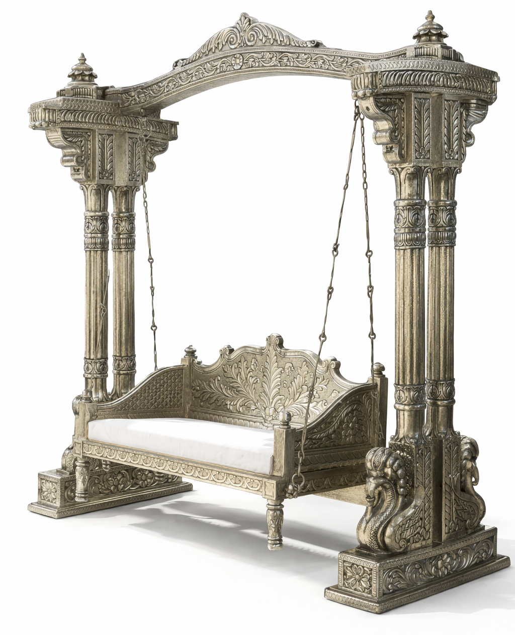 Imperial Columned Hand-Carved Teakwood Grand Jhula Swing with Architectural Arch Frame