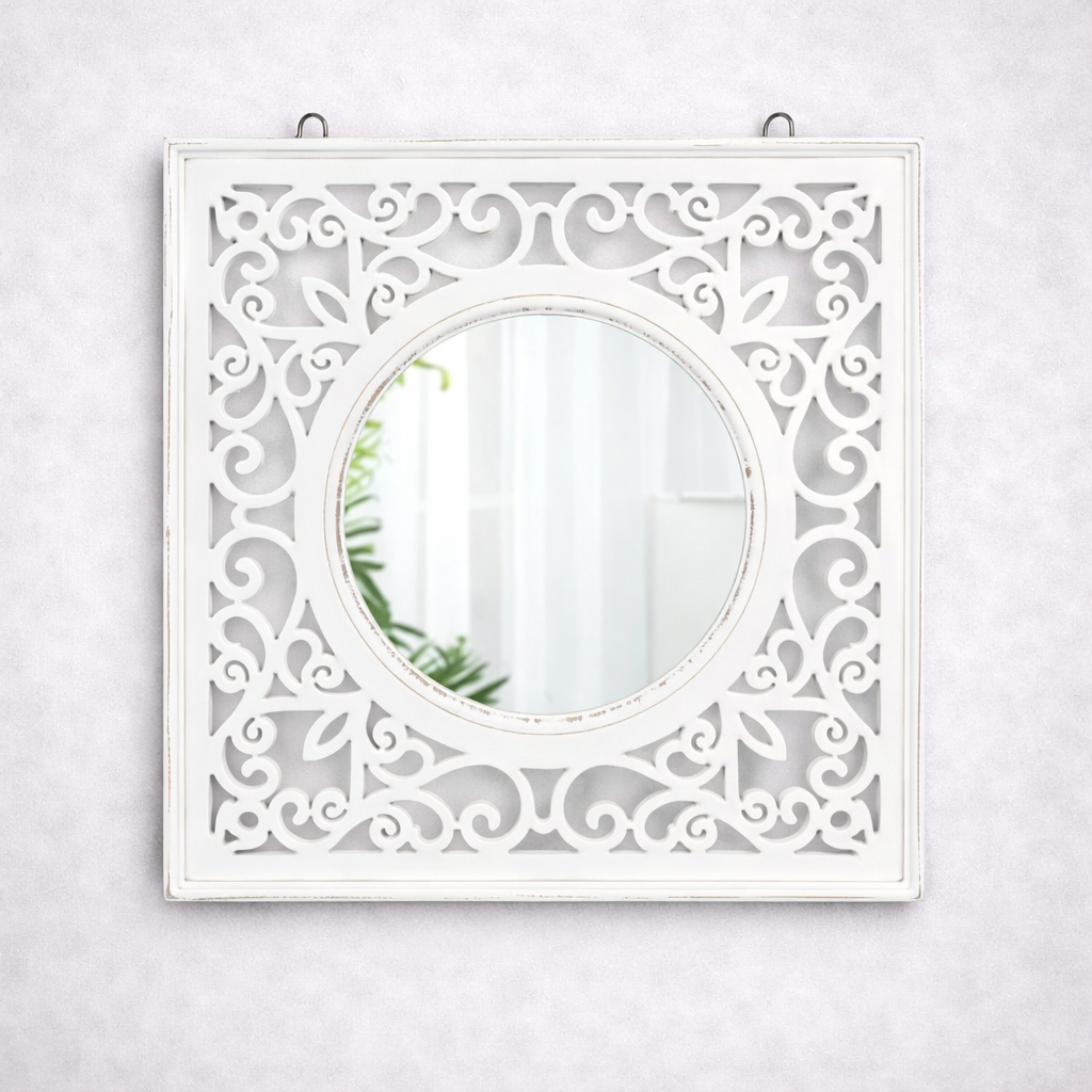 Square MDF Wall Mirror with Intricate Scroll Cutwork Frame