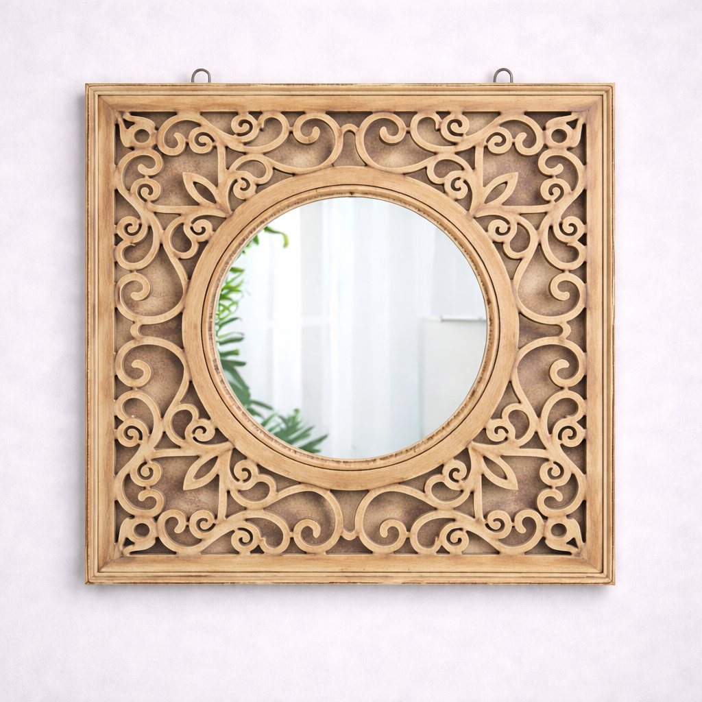 Square MDF Wall Mirror with Intricate Scroll Cutwork Frame