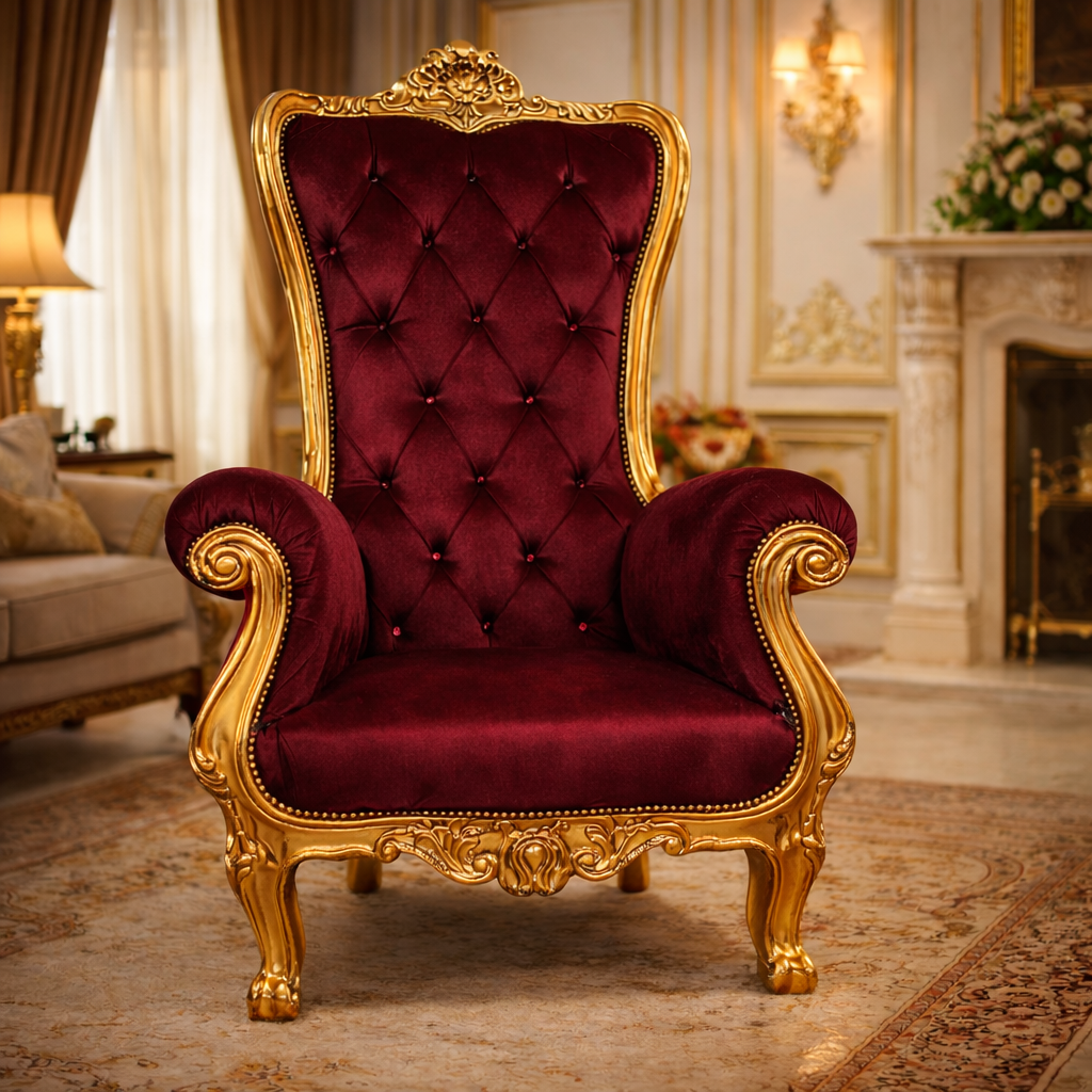 Royal Crimson Crest Teakwood Maharaja Chair – Single Seater