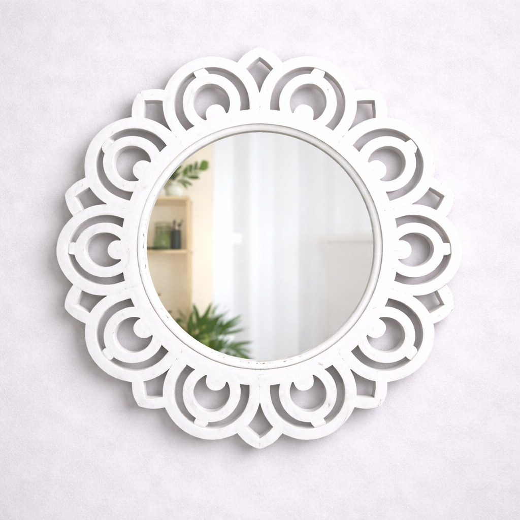 Round Decorative MDF Wall Mirror with Geometric Cutwork Frame