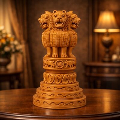Heritage Inspired Teak Wood Ashoka Lion Capital Showpiece