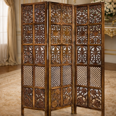 Classic Floral Teakwood 3-Panel Folding Room Divider (Partition)