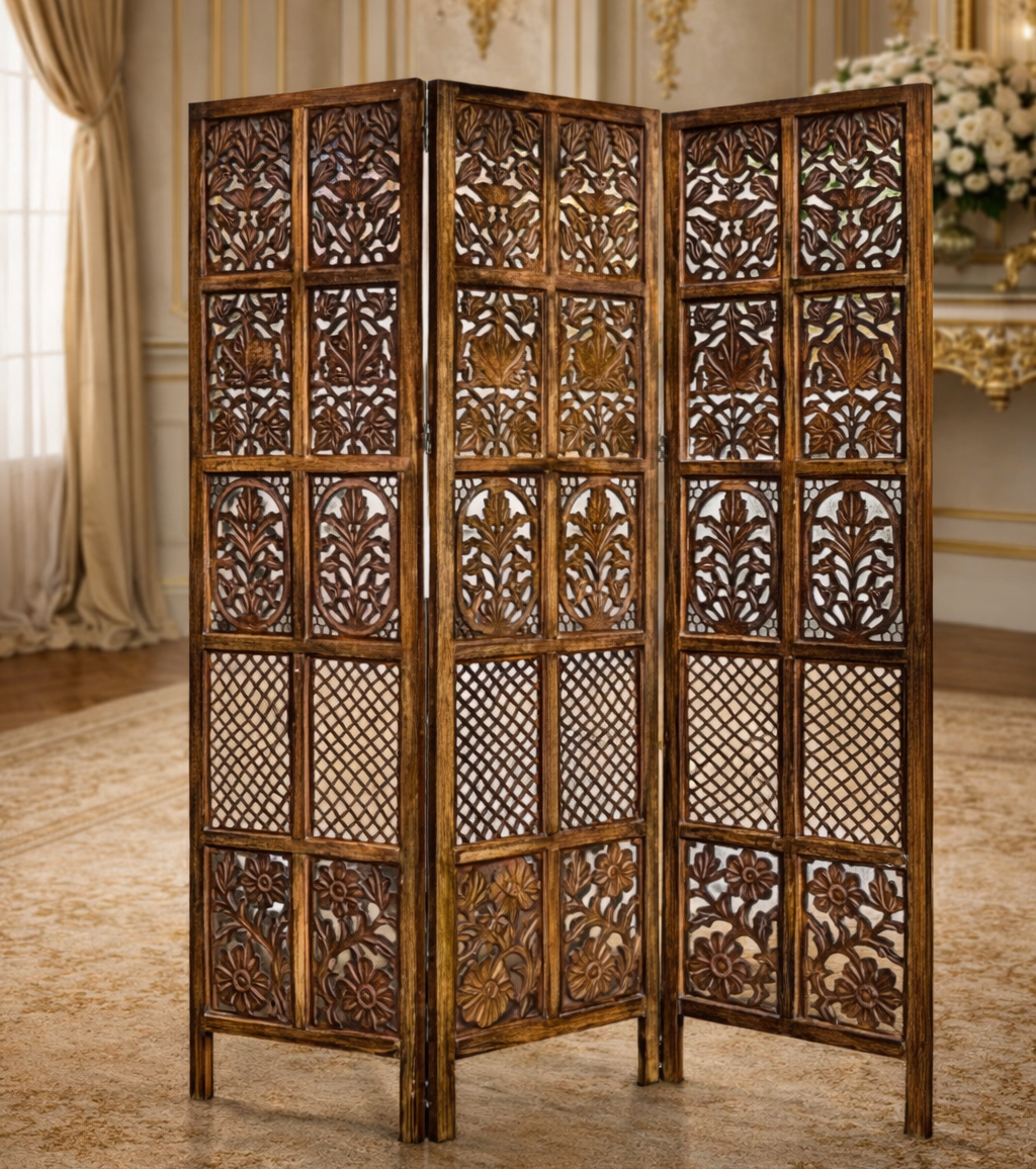 Classic Floral Teakwood 3-Panel Folding Room Divider (Partition)