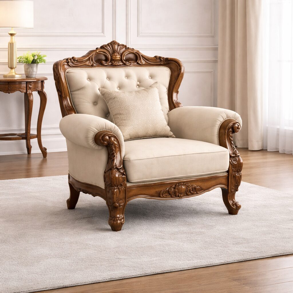 Royal Heritage Teakwood Hand-Carved Sofa Set with Center Table