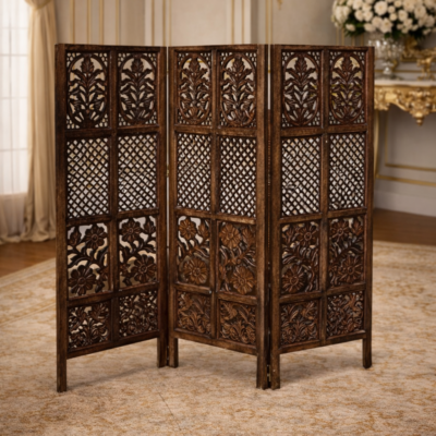 Elegant Hand-Carved Teakwood 3-Panel Folding Room Divider (Partition)