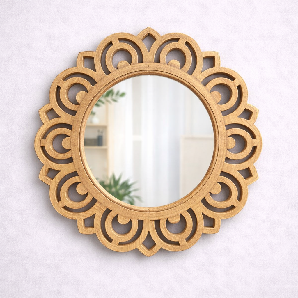 Round Decorative MDF Wall Mirror with Geometric Cutwork Frame