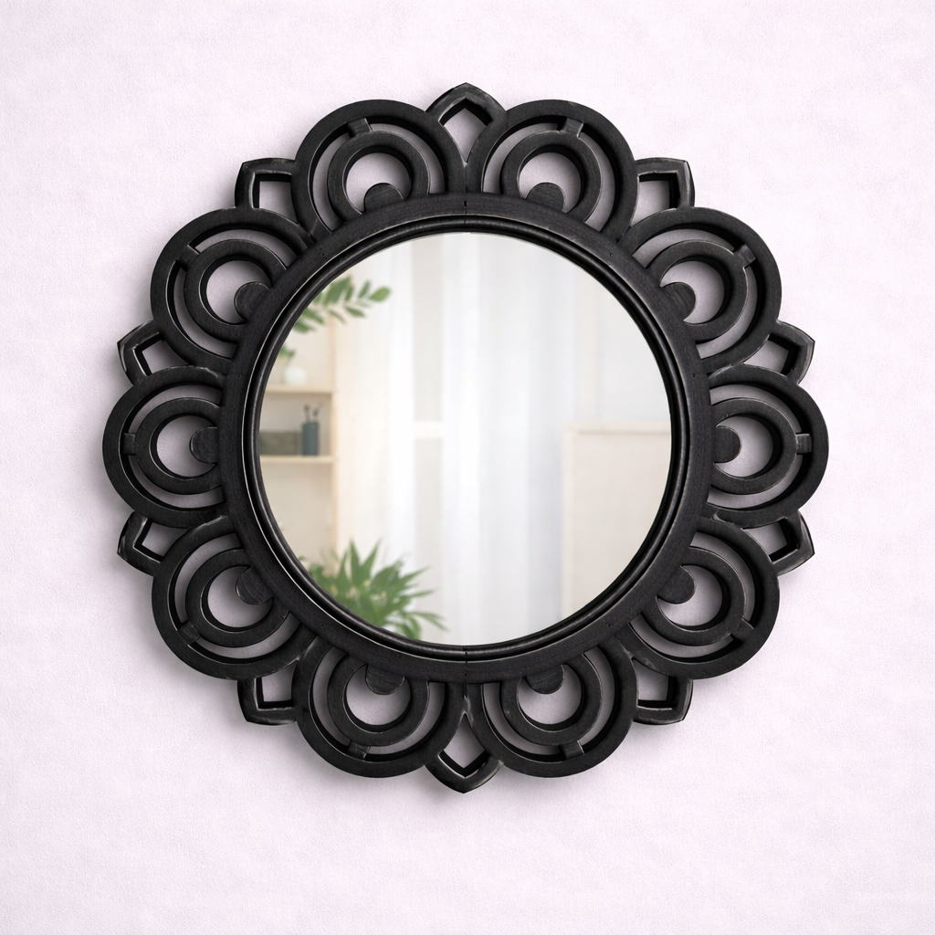 Round Decorative MDF Wall Mirror with Geometric Cutwork Frame