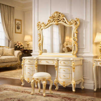 Royal Palace Teakwood Dressing Table with Ornate Gold Carved Mirror Frame