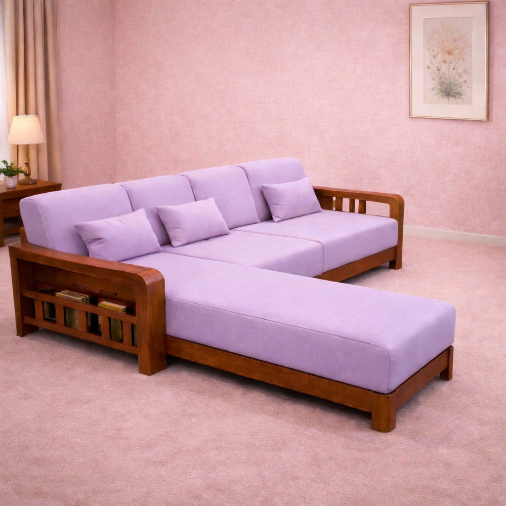 Modern L-Shape Solid Teakwood Sofa Set with Center Table