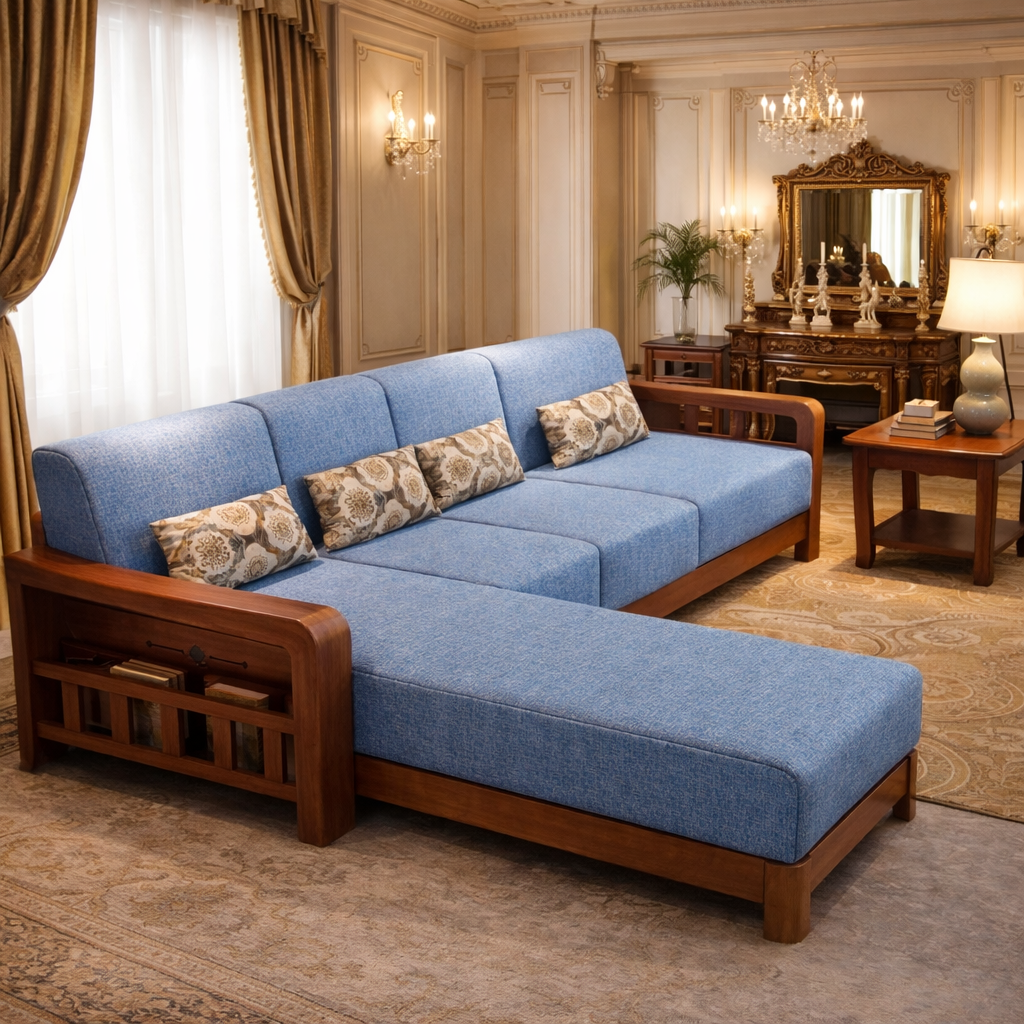 Modern L-Shape Solid Teakwood Sofa Set with Center Table