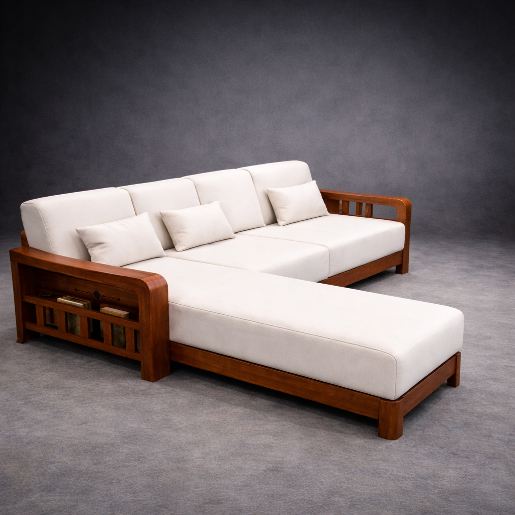 Modern L-Shape Solid Teakwood Sofa Set with Center Table