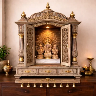 Grand Dome-Top Hand-Carved Teakwood Mandir with Jaali Doors and Triple Drawer Storage