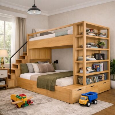 Solid Teak Wood Kids Bunk Bed with Storage Steps & Side Bookshelf Unit  LWH – 6.5 x 6 Ft |