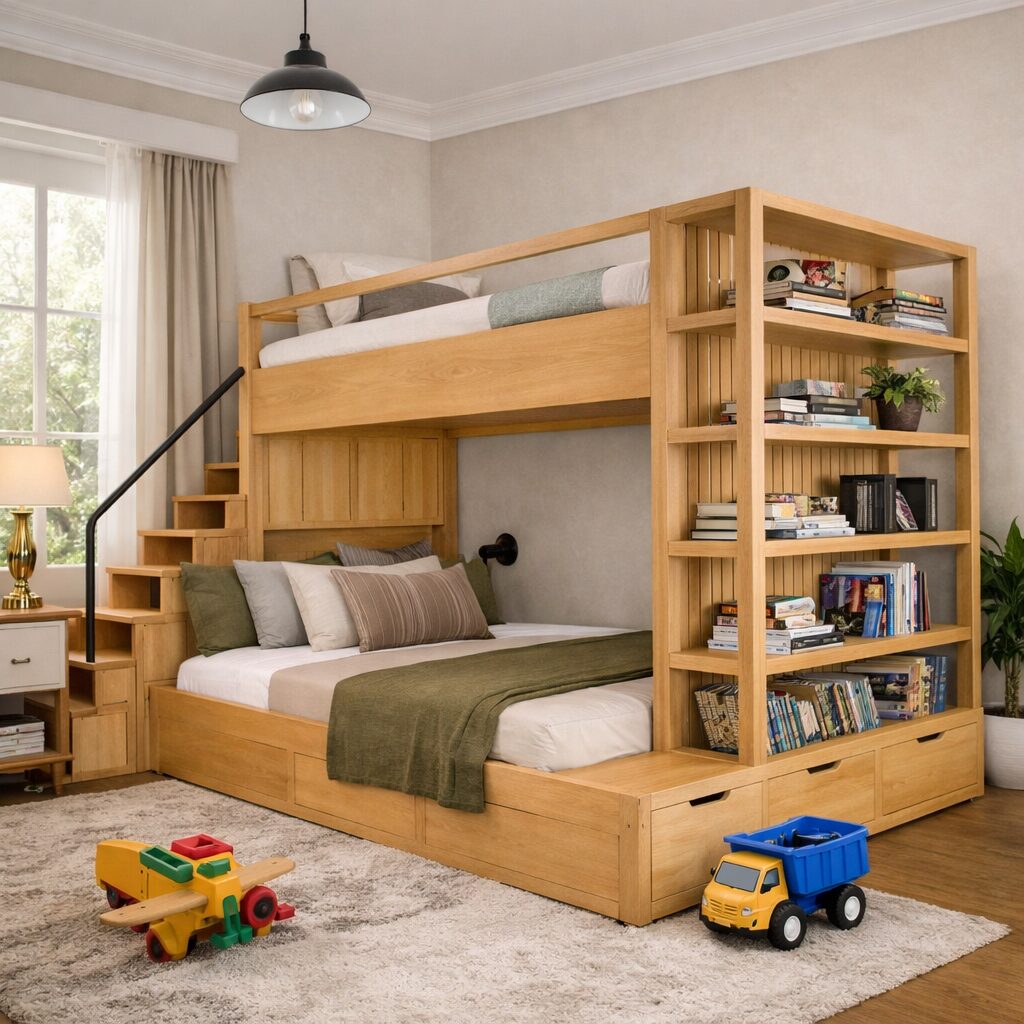 Solid Teak Wood Kids Bunk Bed with Storage Steps & Side Bookshelf Unit  LWH – 6.5 x 6 Ft |