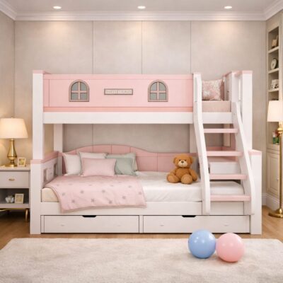 Solid Teak Wood Kids Bunk Bed with Storage Drawers and Safety Ladder