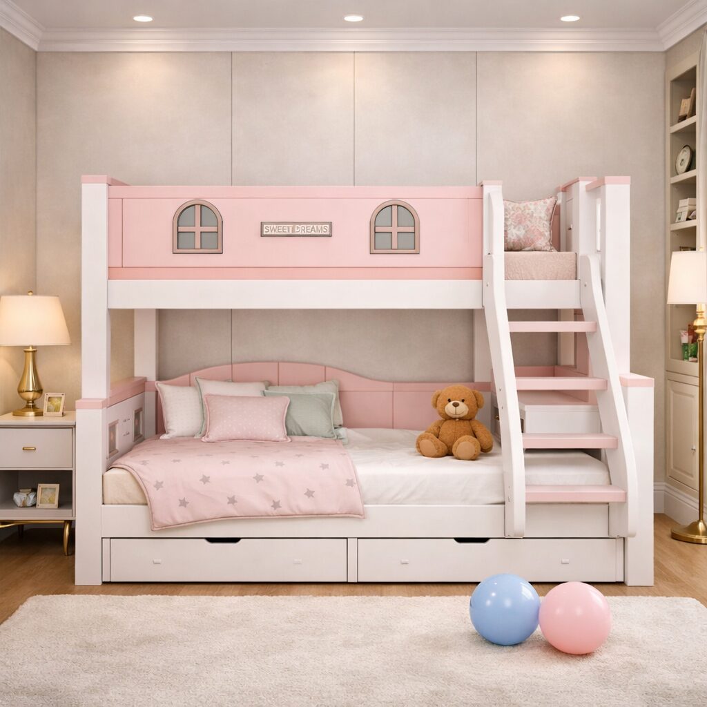 Solid Teak Wood Kids Bunk Bed with Storage Drawers and Safety Ladder