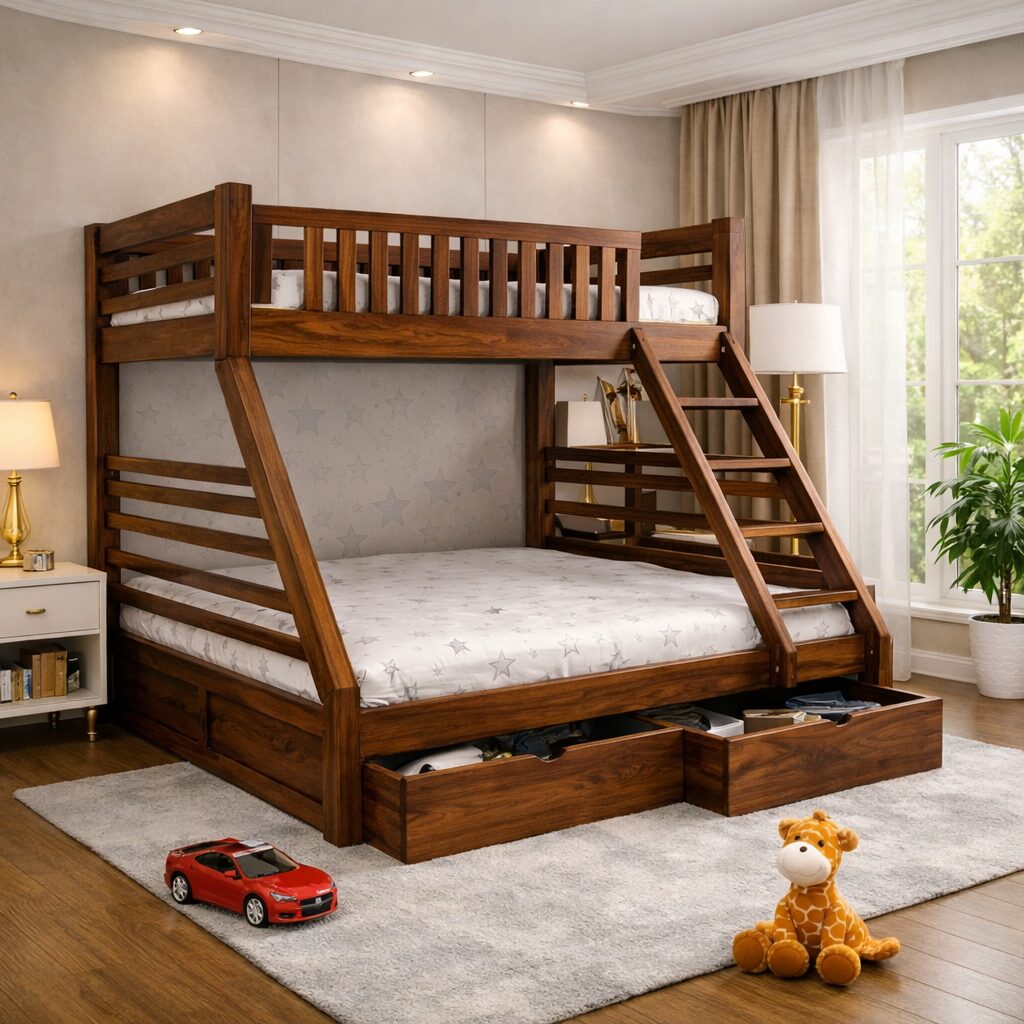Solid Teak Wood Kids Bunk Bed with Ladder Access and Under Bed Storage Drawers