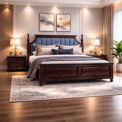 Classic Teak Wood Bed Frame with Upholstered Headboard – Non Storage Design | LW – 6.5 x 5 Ft |