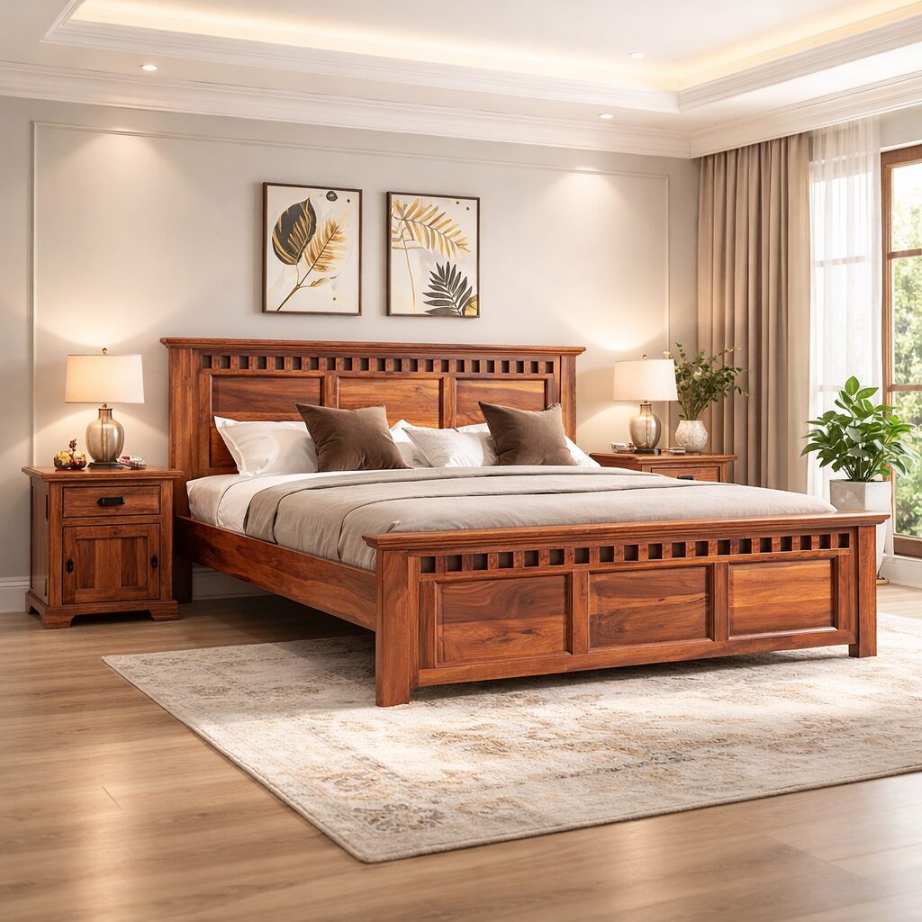 Premium Teak Wood King Size Bed Frame – Classic Panel Design | LW – 6.5 x 6 Ft |