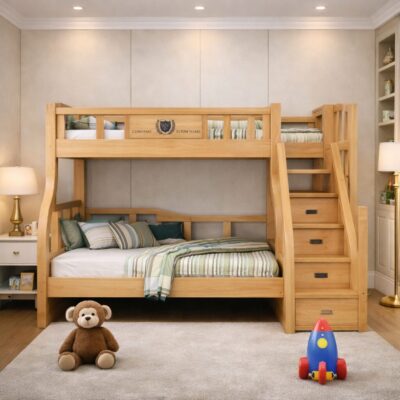 Solid Teak Wood Kids Bunk Bed with Storage Staircase and Safety Guard Rails