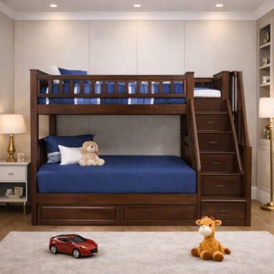 Solid Teak Wood Kids Bunk Bed with Storage Drawers and Staircase Access