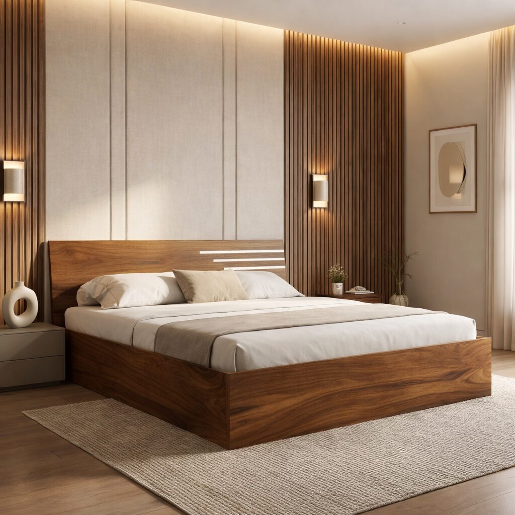 Modern Teak Wood Box Storage Bed with Minimal Headboard Design | LW – 6.5 x 6 Ft |