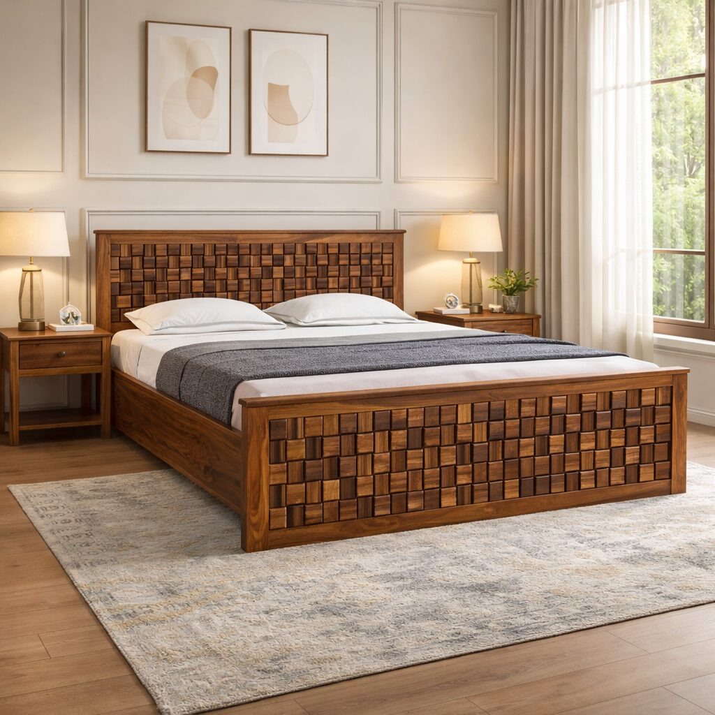 Designer Teak Wood Bed Frame with Textured Panel Detailing – Non Storage | LW – 6.5 x 5 Ft |