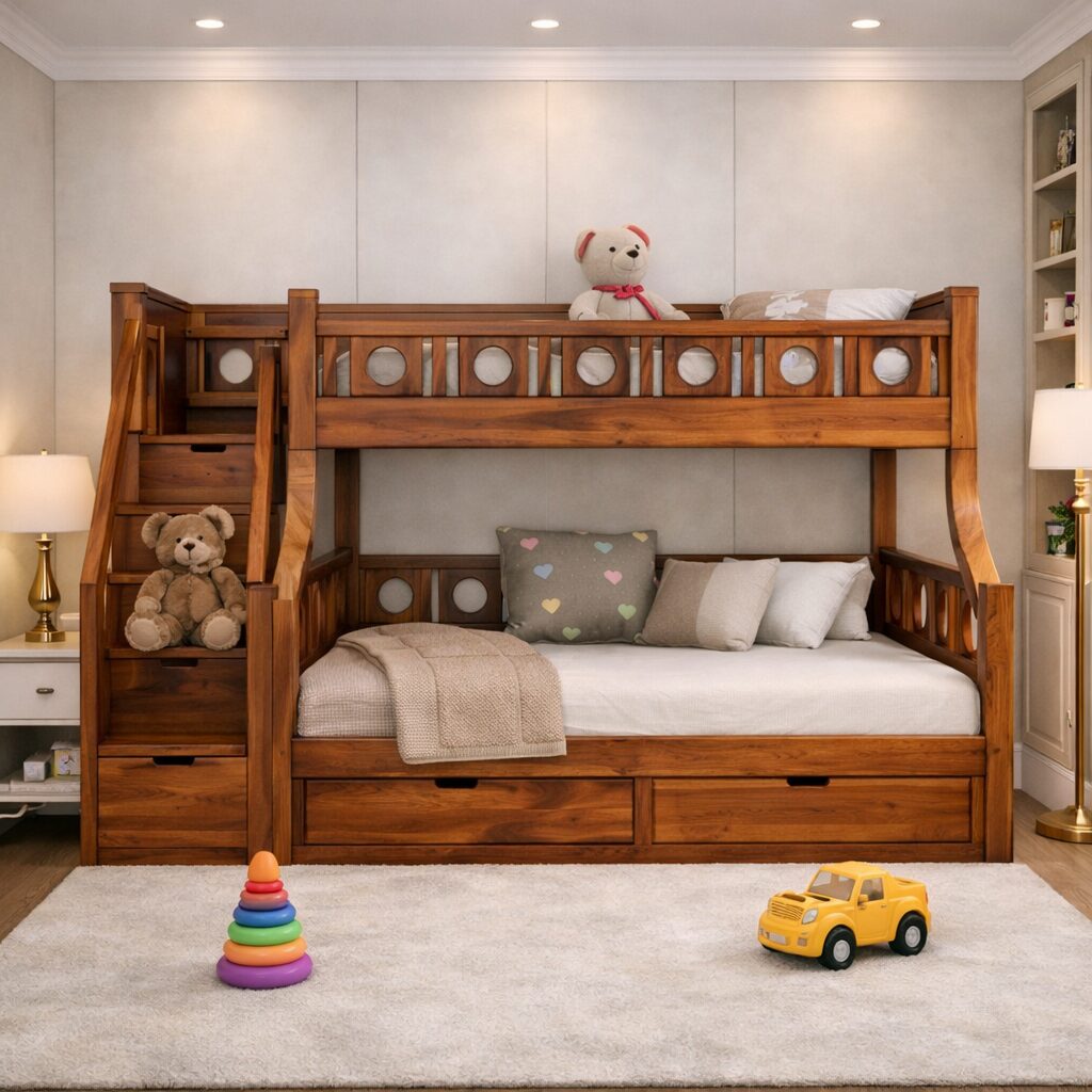 Solid Teak Wood Kids Bunk Bed with Storage Staircase and Under Bed Drawers